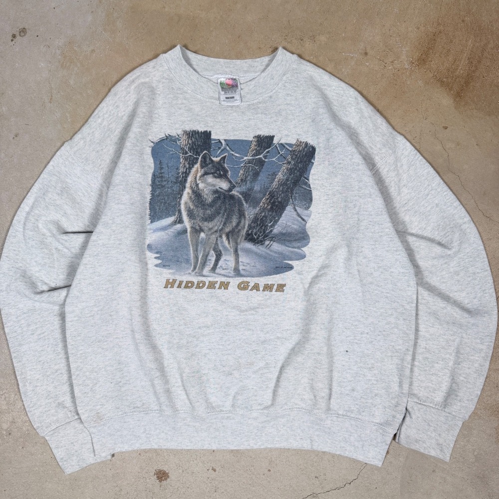 Fruit of the Loom Best Mens Gray Wolf Wilderness Graphic Crewneck Sweatshirt M